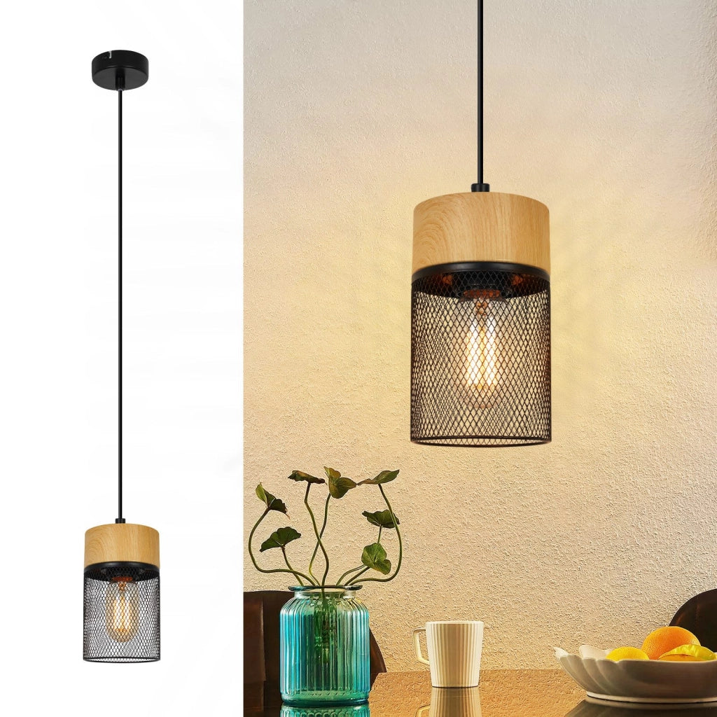 Lampada a sospensione ZMH 1 luce barra legno nero venature per sala da pranzo corridoio e bar