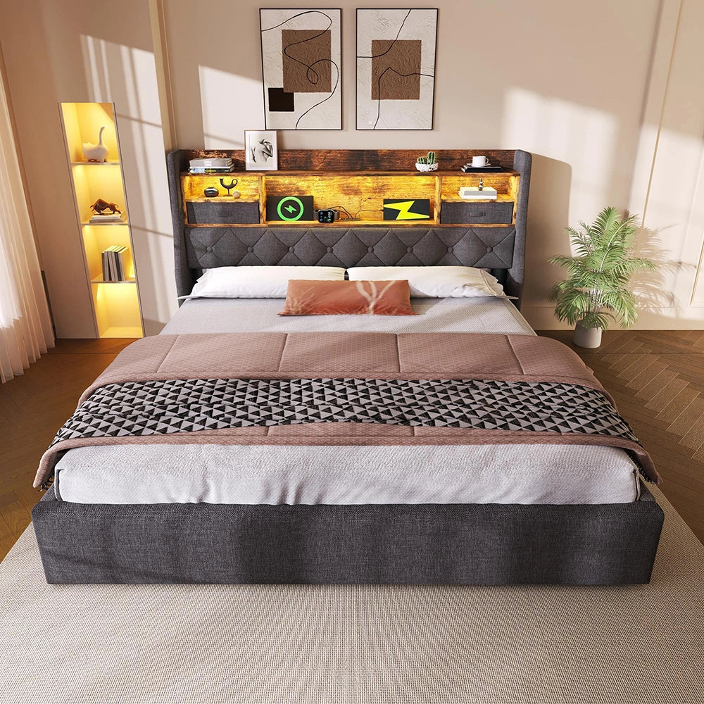 Letto Matrimoniale 140x200cm - Xylo - Testiera LED Idraulica con 4 Porte Ricarica, Tessuto Lino Grigio