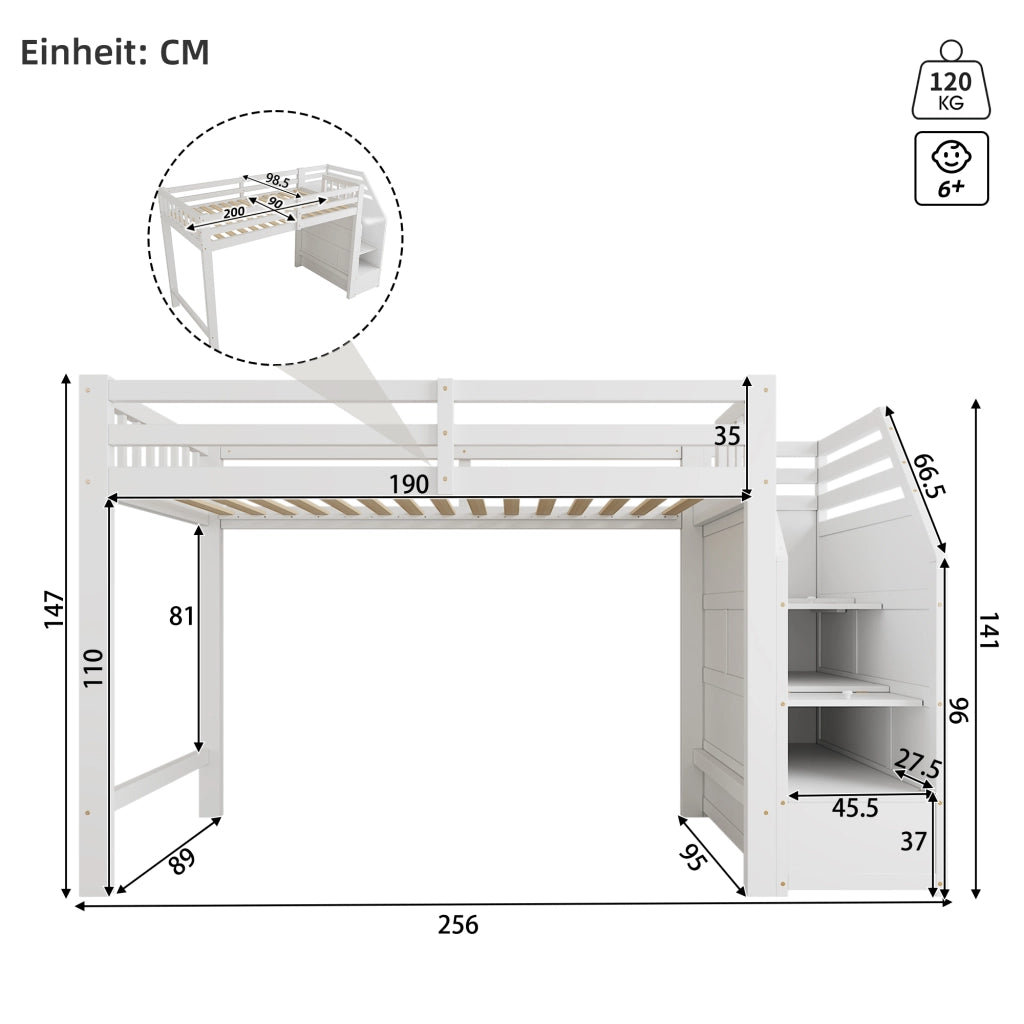 Hochbett per bambini 90x200 cm, in legno di pino, con sponde di protezione, scala con contenitore, rete a doghe, bianco