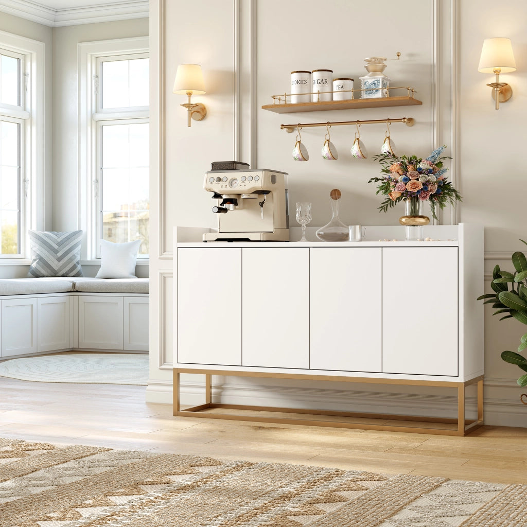 Credenza buffet 120cm bianca, mobile soggiorno pannello di particelle con base metallo oro, 4 ante push‑to‑open, ripiani regolabili per sala da pranzo ingresso