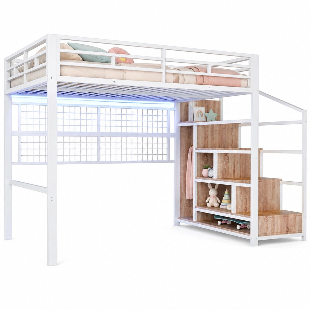Letto a soppalco 140x200 cm in metallo bianco con scala contenitore; griglia portaoggetti e LED 7 colori