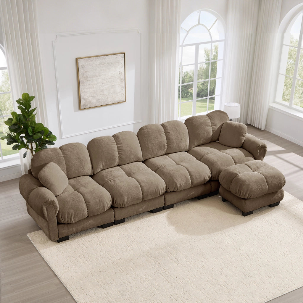 Divano angolare modulare 4 posti con pouf mobile, Chenille, Marrone