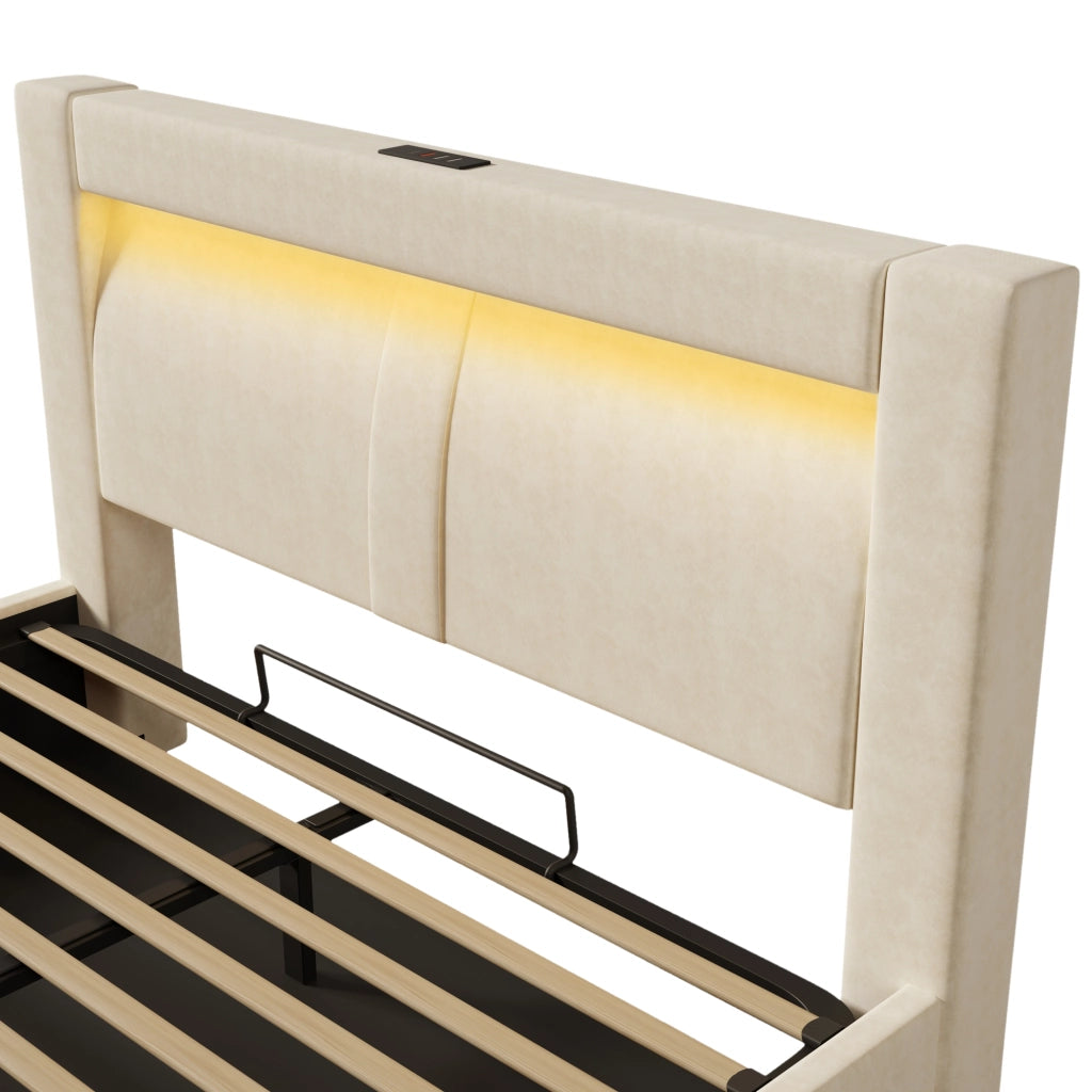 DESMIU Letto Contenitore 140 × 200 cm 2 Posti con LED, USB, Type-C, Contenitore Idraulico, senza Materasso, in Velluto Beige
