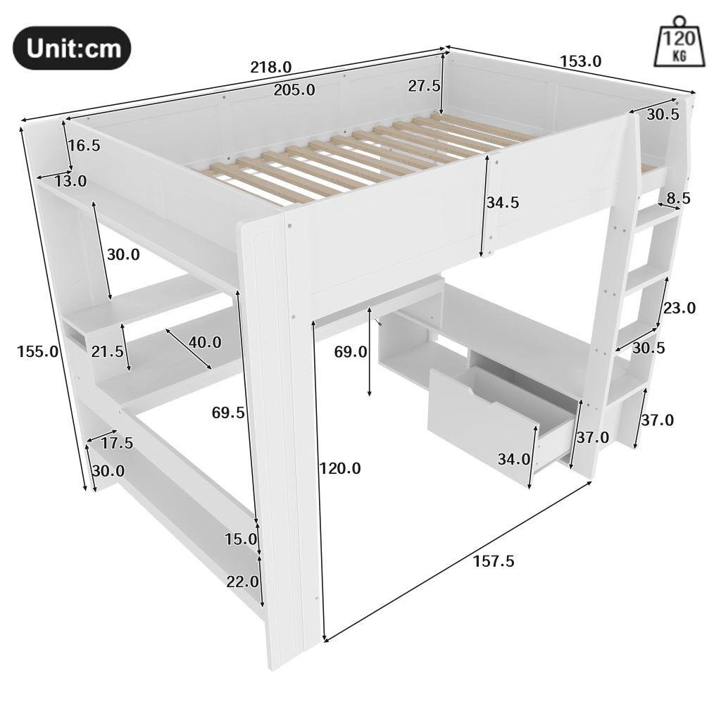 OKWISH Letto a soppalco 140×200 cm, Letto Matrimoniale con Scrivania, LED Regolabile, Cassetto e Mensole, senza Materasso, Bianco