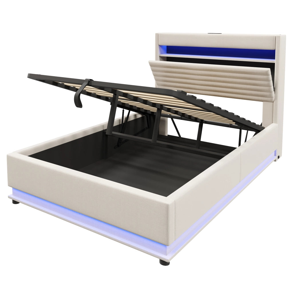Letto imbottito 140x200 cm beige con LED, USB-C e contenitore