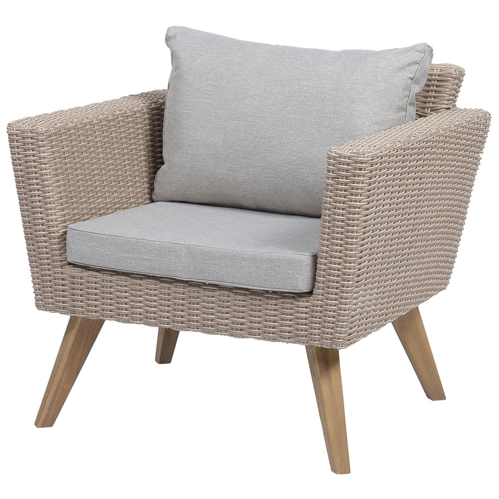 Set Esterno Rattan di colore Marrone Divanetto 2 Poltrone Tavolino Cuscini Grigi terrazzo giardino