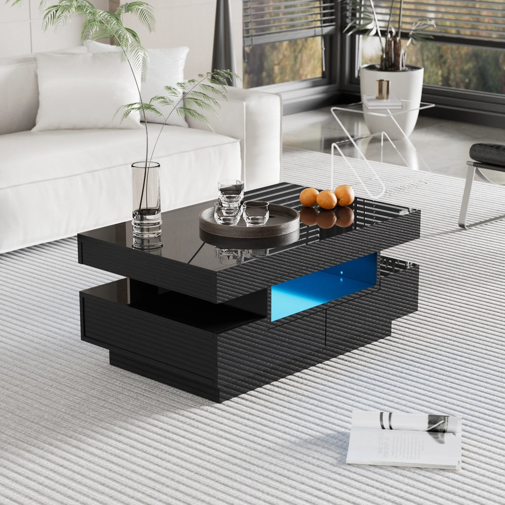 Tavolino da Caff¨¨ con LED e Cassetti Lucido ¨C MINIMAL ¨C Nero/Bianco