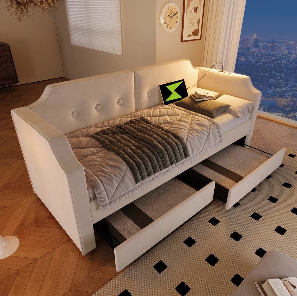 Letto imbottito 90x200 cm con cassetti, luce da lettura e USB Type-C