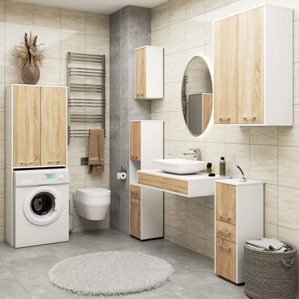 Colonna da bagno AKORD FIN per incasso di una lavatrice Bianca 64 cm 2 ante inserto frontale Sonoma Quercia 64x30x180 cm