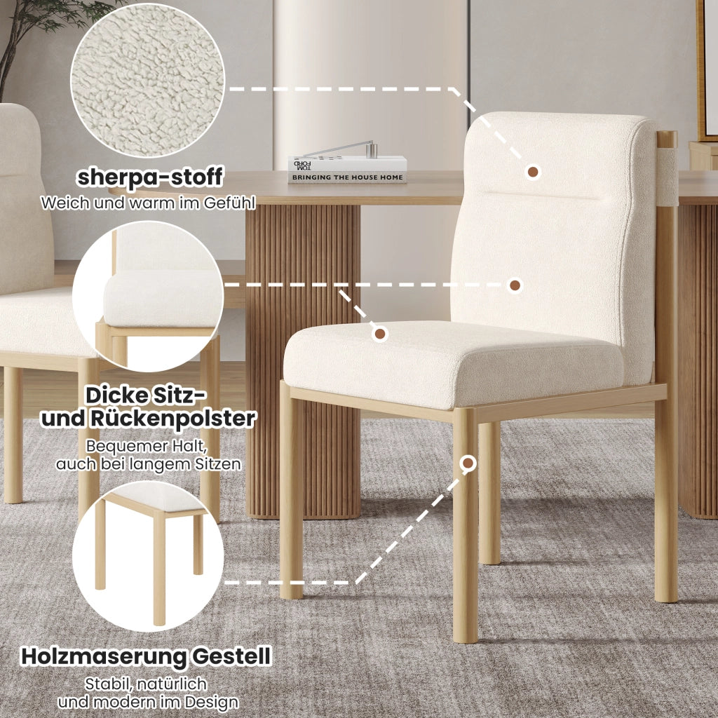 Sedie da pranzo set 4 pezzi con seduta imbottita e schienale in sherpa, metallo beige, design minimalista scandinavo