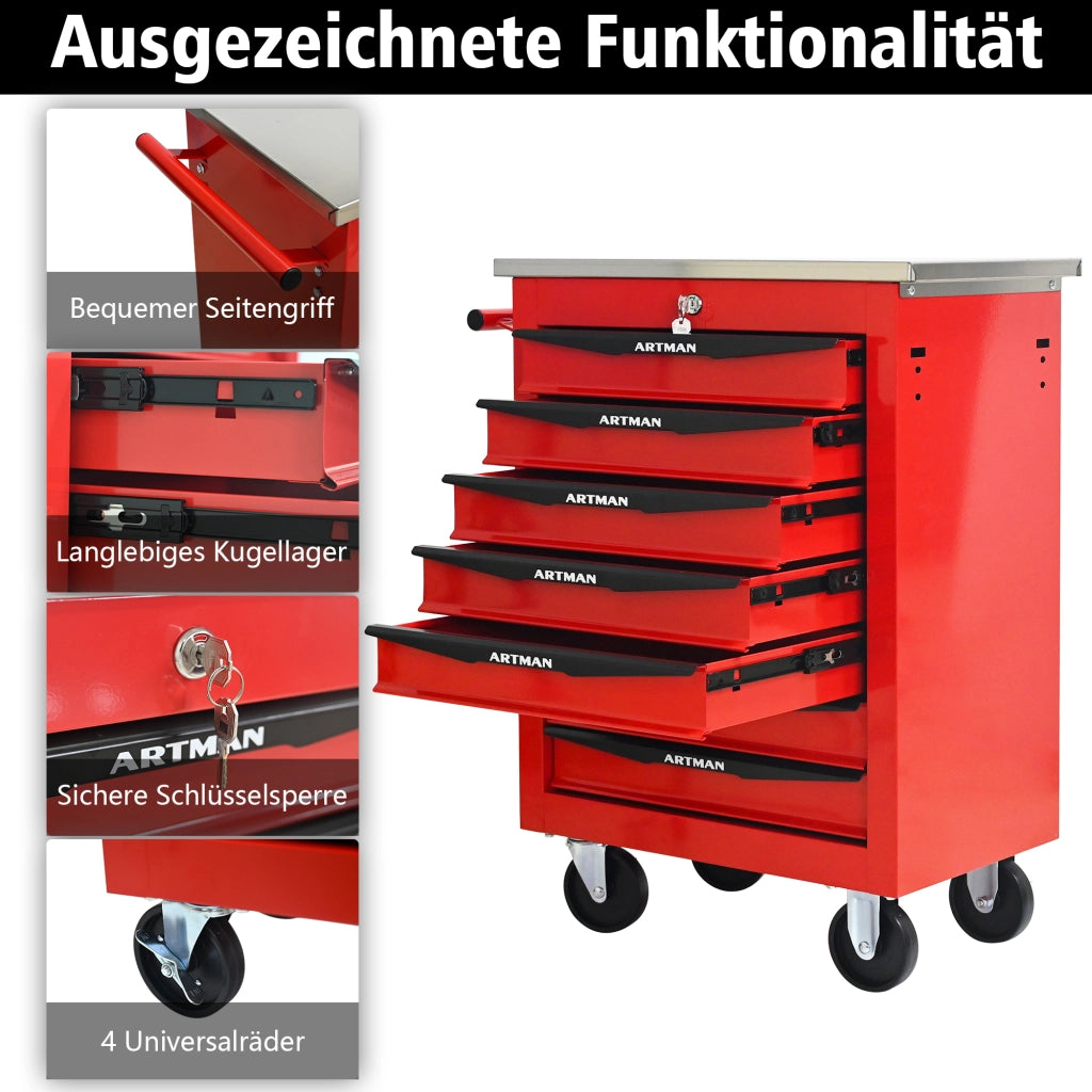 Carrello attrezzi con 7 cassetti e serratura - per garage - in acciaio - 62.5×34.5×78 cm - rosso e nero