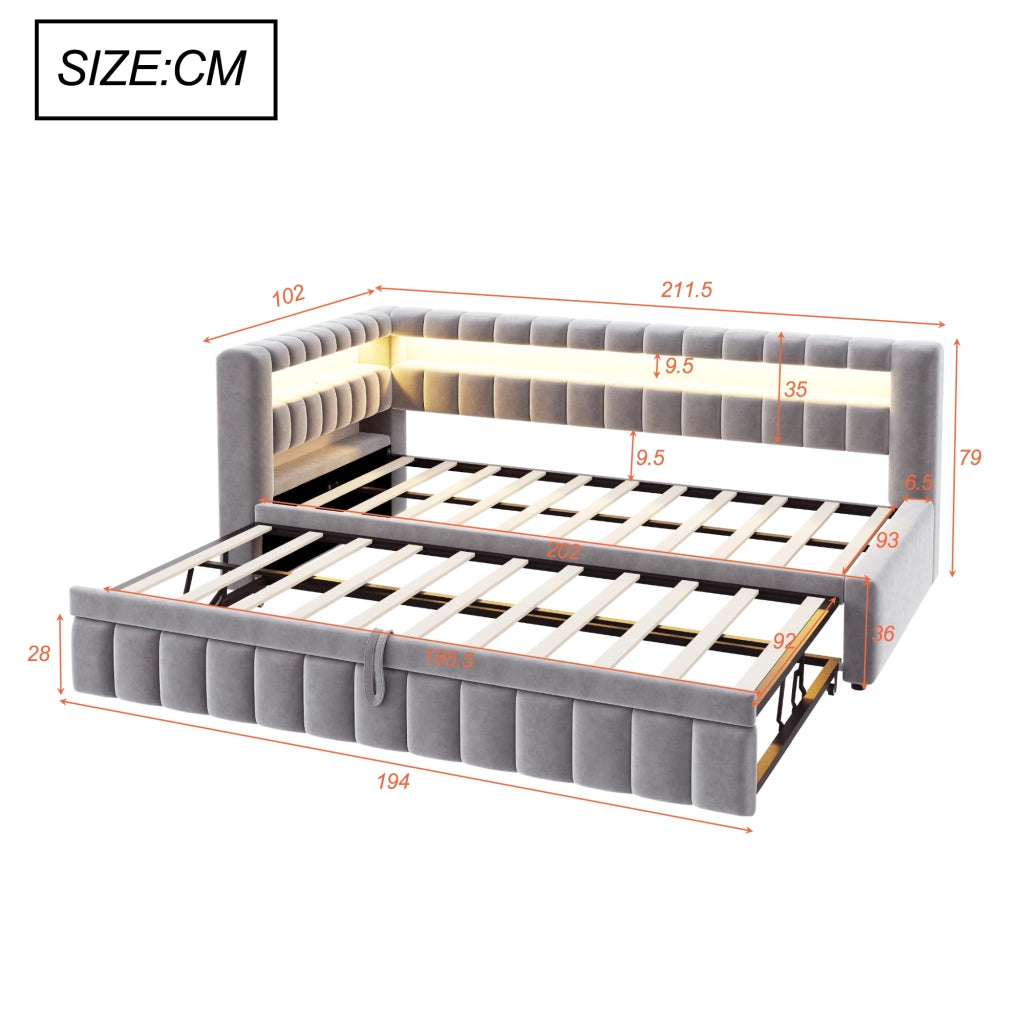 OKWISH Letto a Divano 90×200 cm, Letto Singolo con Letto Estraibile, LED Regolabile, USB, Tipo C e Mensole, senza Materasso, Grigio Chiaro