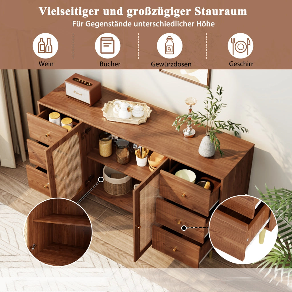 CREDENZA 160x40x90 cm in MDF colore legno con ante in rattan