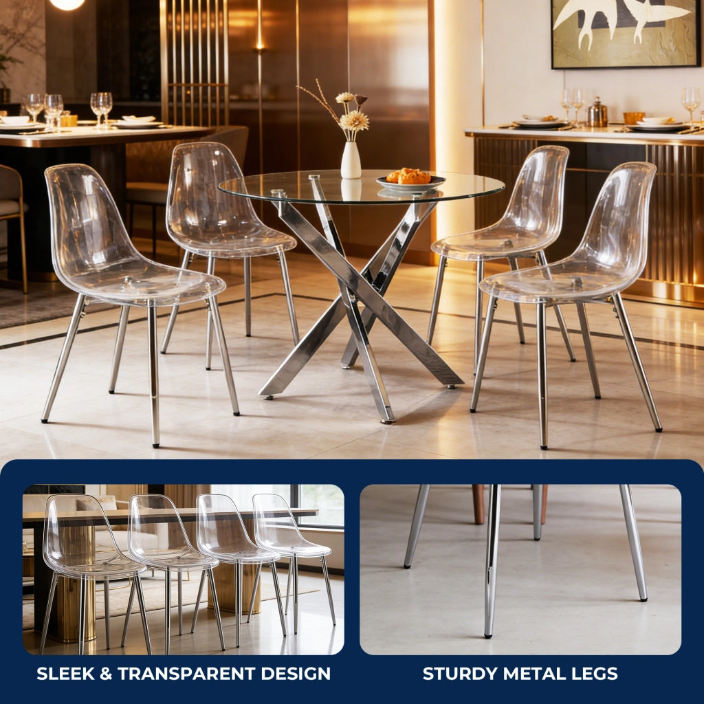 Sedia da pranzo in acrilico trasparente con gambe metalliche staccabili, design moderno argento per casa e ufficio