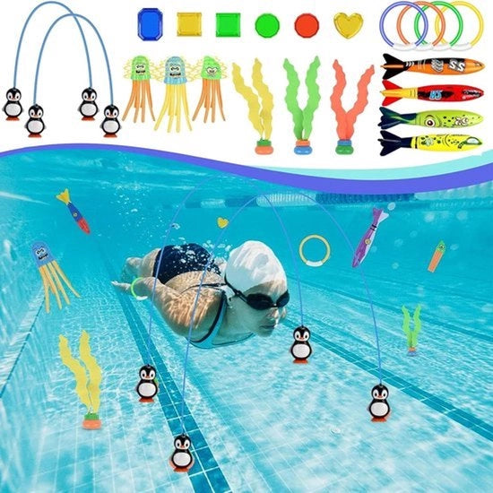 Kit di Giochi per Piscina - 22 pezzi con Porta Pinguino, Diamanti, Anelli da Tuffo e Banditi della Lavatrice