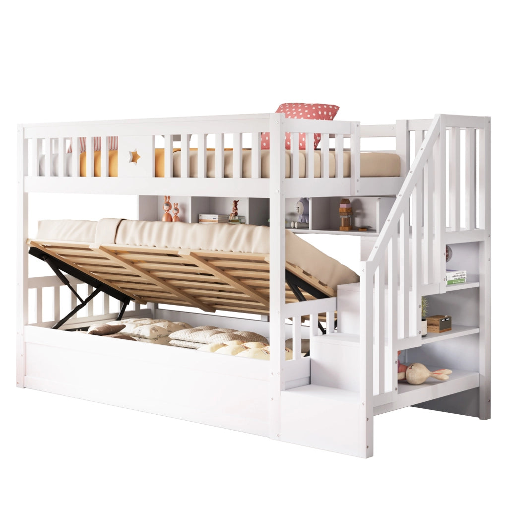 Letto a soppalco 90x200 cm con vano idraulico, scala contenitore e ripiani