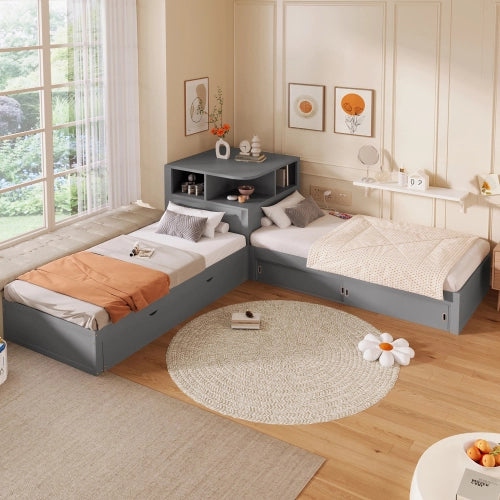 Letto singolo con letto estraibile 90x200 cm LEMONMAX, contenitore con ante scorrevoli e LED, salvaspazio per cameretta, pino e MDF, grigio