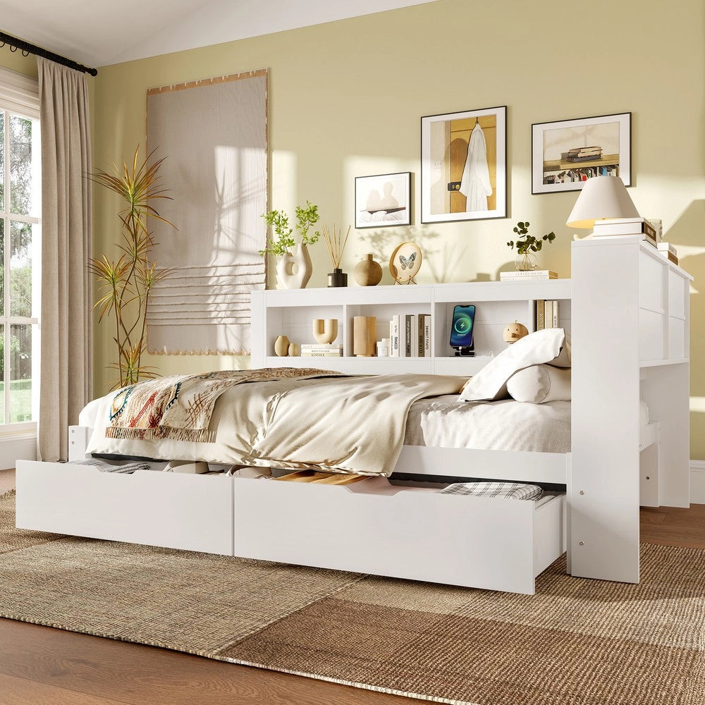 Divano Letto con Cassetti e Presa USB ¨C MINIMAL ¨C Bianco 140x200