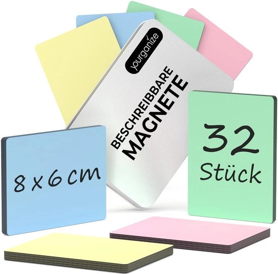32 magneti descrittivi - 8 x 6 cm (dimensione L), 4 colori - magneti per whiteboard, etichette magnetiche per frigorifero, whiteboard, Scrum & Kanban