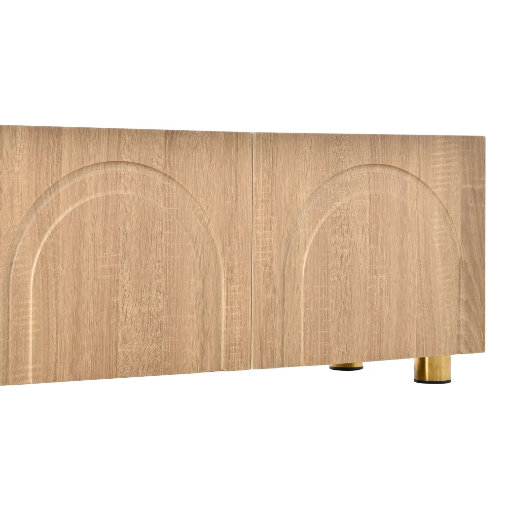 Mobile TV, mobile da ingresso, ante con rilievi curvi, gambe di sostegno in metallo, colore legno naturale