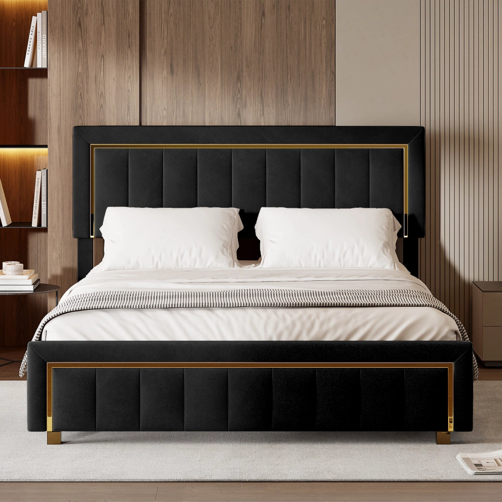 Letto matrimoniale con contenitore idraulico, velluto nero, testiera imbottita con finiture dorate, struttura robusta, dimensioni 140x200 cm, max portata 250 kg