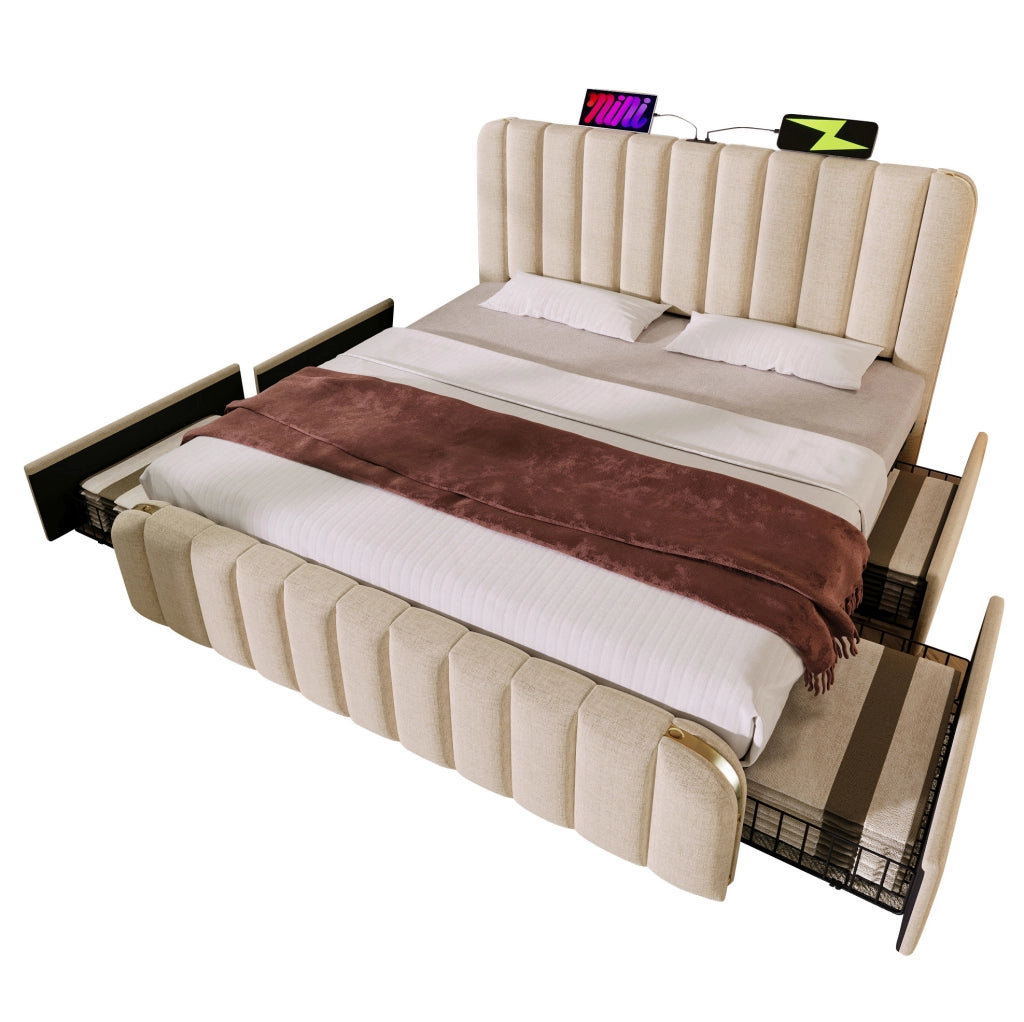Letto matrimoniale imbottito con materasso, 4 cassetti e USB Type-C