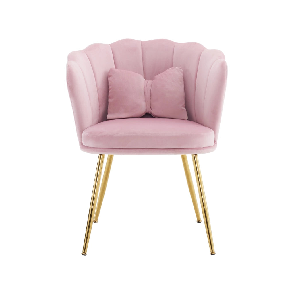 Poltrona da salotto in velluto rosa con schienale a petalo, cuscino schmetterling e gambe in metallo dorato