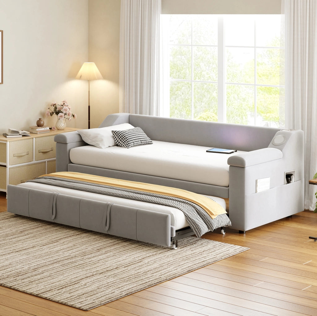 Divano letto imbottito con Bluetooth; USB e scomparti nei braccioli; 90/180x190 cm; grigio