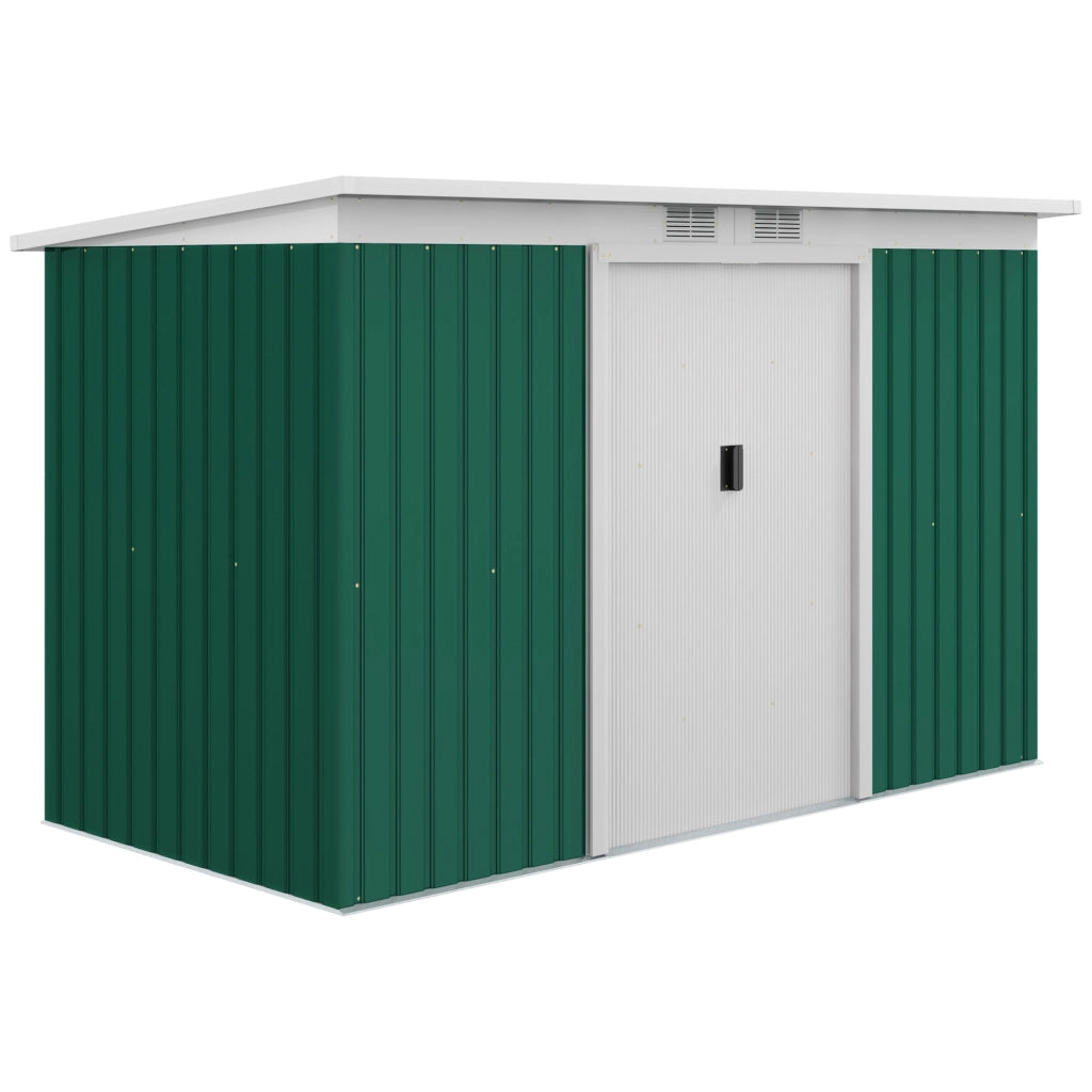 Capanno da giardino; capanno da giardino; capanno da giardino con porta scorrevole; finestra di ventilazione; tetto monopendio; esterno; acciaio; verde scuro; 280 x 130 x 172 cm