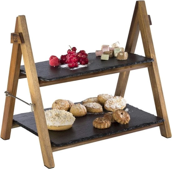 Etagère 2 vasi in legno di acacia, con due piastrelle, pieghevole, lavabile, adatta anche per piatti freddi e per la conservazione.