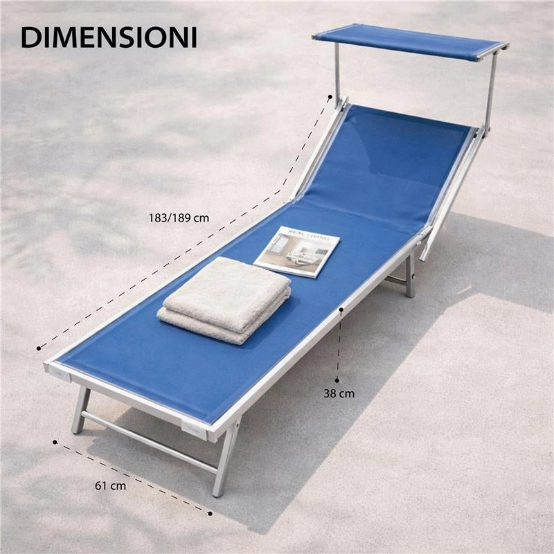 LETTINO STABILIMENTO RIMINI PRENDISOLE IN ALLUMINIIO CON PARASOLE PIEGHEVOLE 61X183/189X38H CM, COLORE BLU
