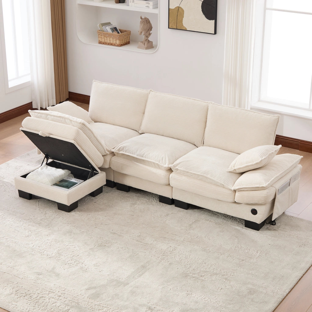 Divano modulare a 3 posti in corduroy con 1 pouf, USB-C, tasche laterali, beige