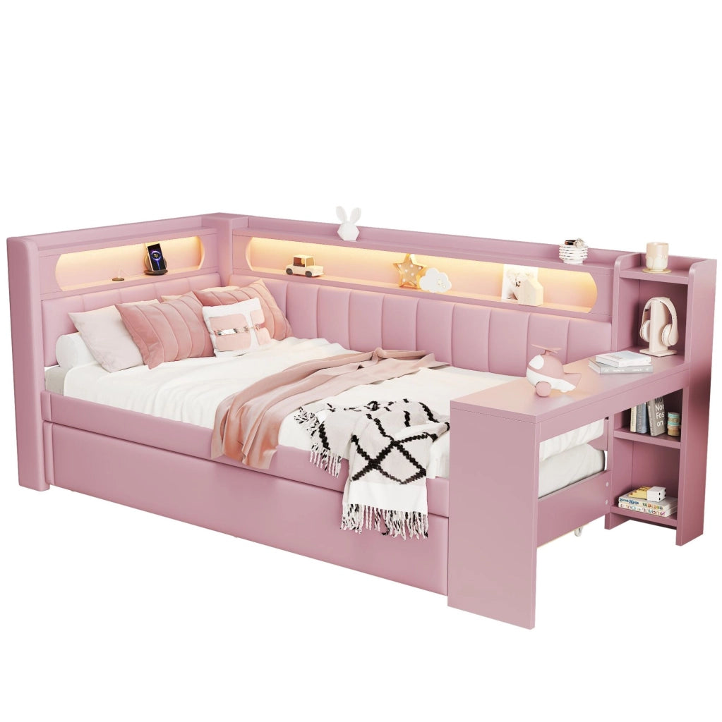 Letto imbottito 90x200 con LED, USB, letto estraibile e scrivania rosa