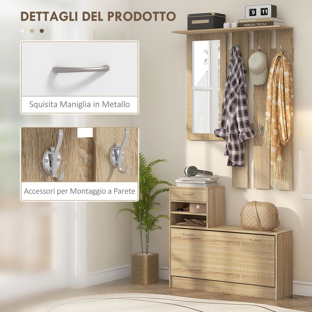 Mobile Appendiabiti con Scarpiera e Specchio ¨C Xylo ¨C Legno Quercia, 90x10x91 cm