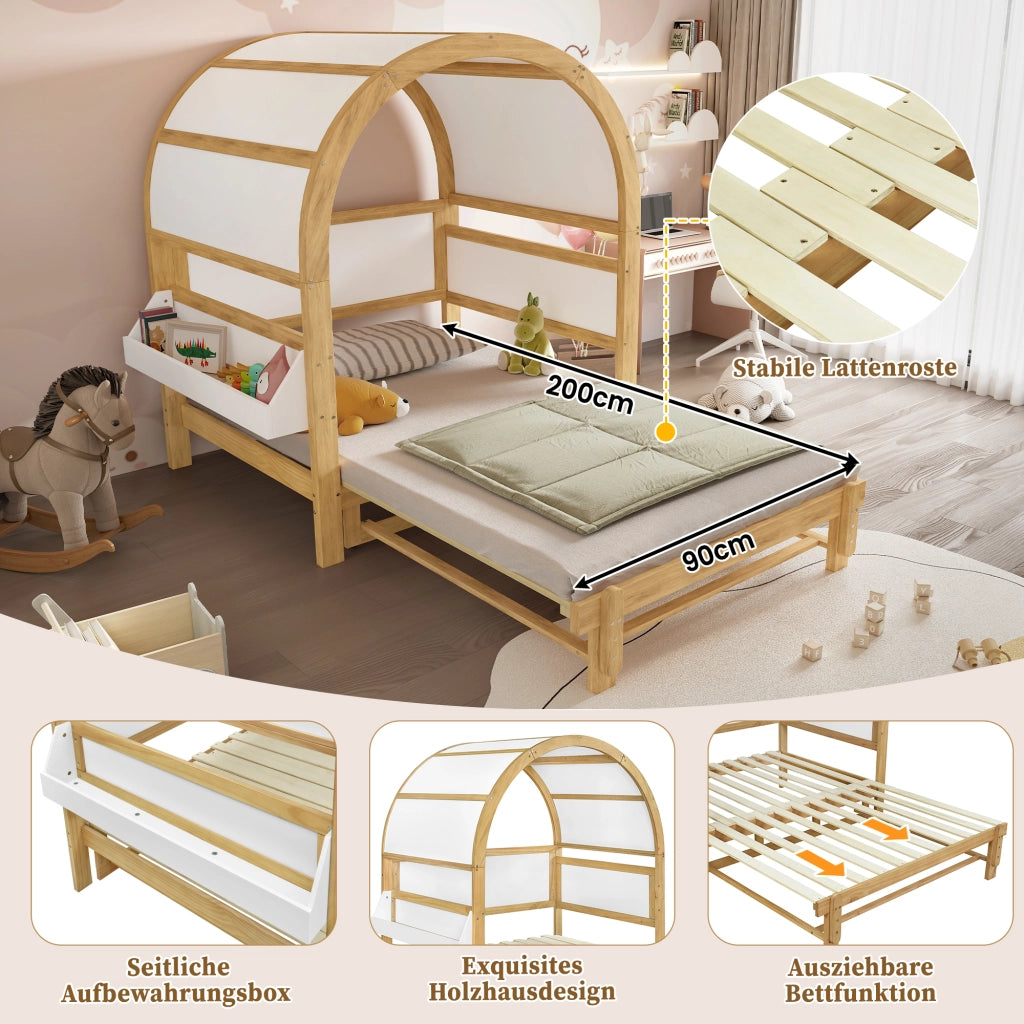 Letto Casetta 140x200 cm; Letto Singolo - Estraibile e Mensola Laterale - in Legno - Bianco e Naturale