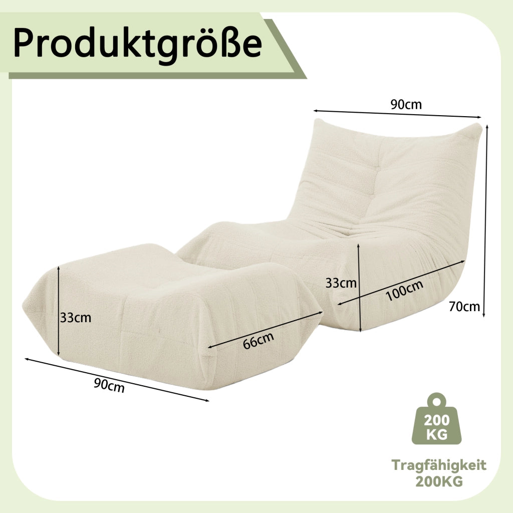 Lazy Sofa con schienale e poggiapiedi, poltrona relax in teddy effetto peluche, beige