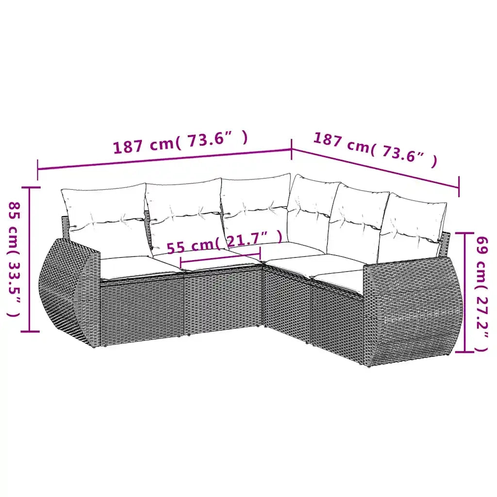 Set Divano da Giardino 5pz con Cuscini Grigio Chiaro Polyrattan
