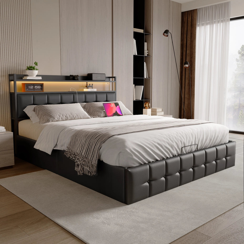 Letto matrimoniale 160x200 cm con contenitore LED USB testiera struttura letto MDF e PU - nero
