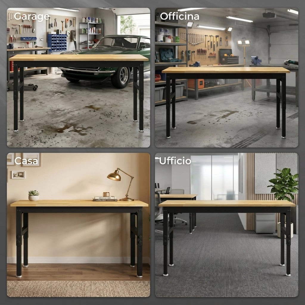 Banco da Lavoro Regolabile ¨C Xylo ¨C Legno e Acciaio, 2 Prese AC, 900 kg