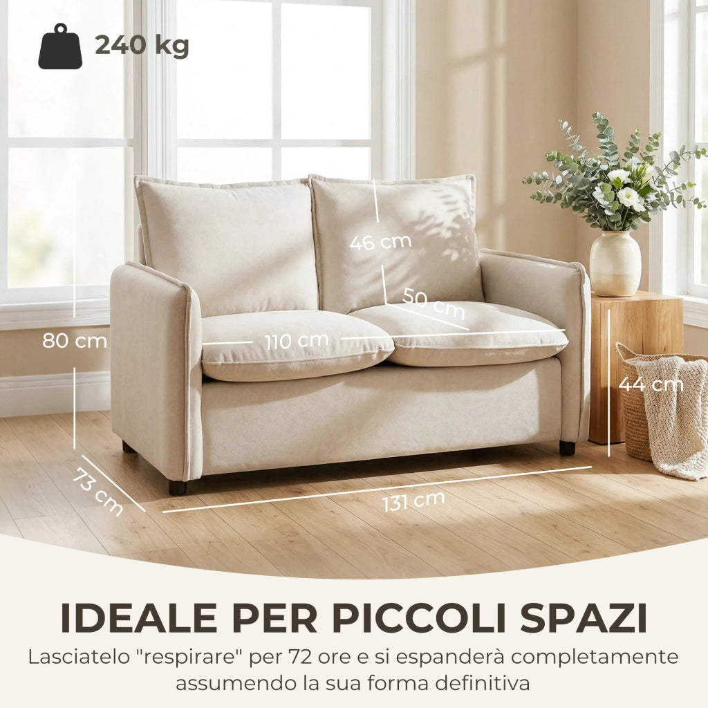 Divano 2 Posti Imbottito in Tessuto Effetto Pelle ¨C Xylo ¨C Crema con Braccioli e Cuscini