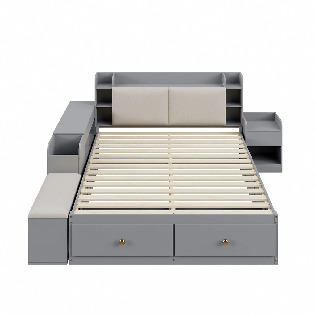 Letto contenitore matrimoniale 140×200 cm con testiera imbottita; 2 cassetti e ripiani; senza materasso; legno; grigio