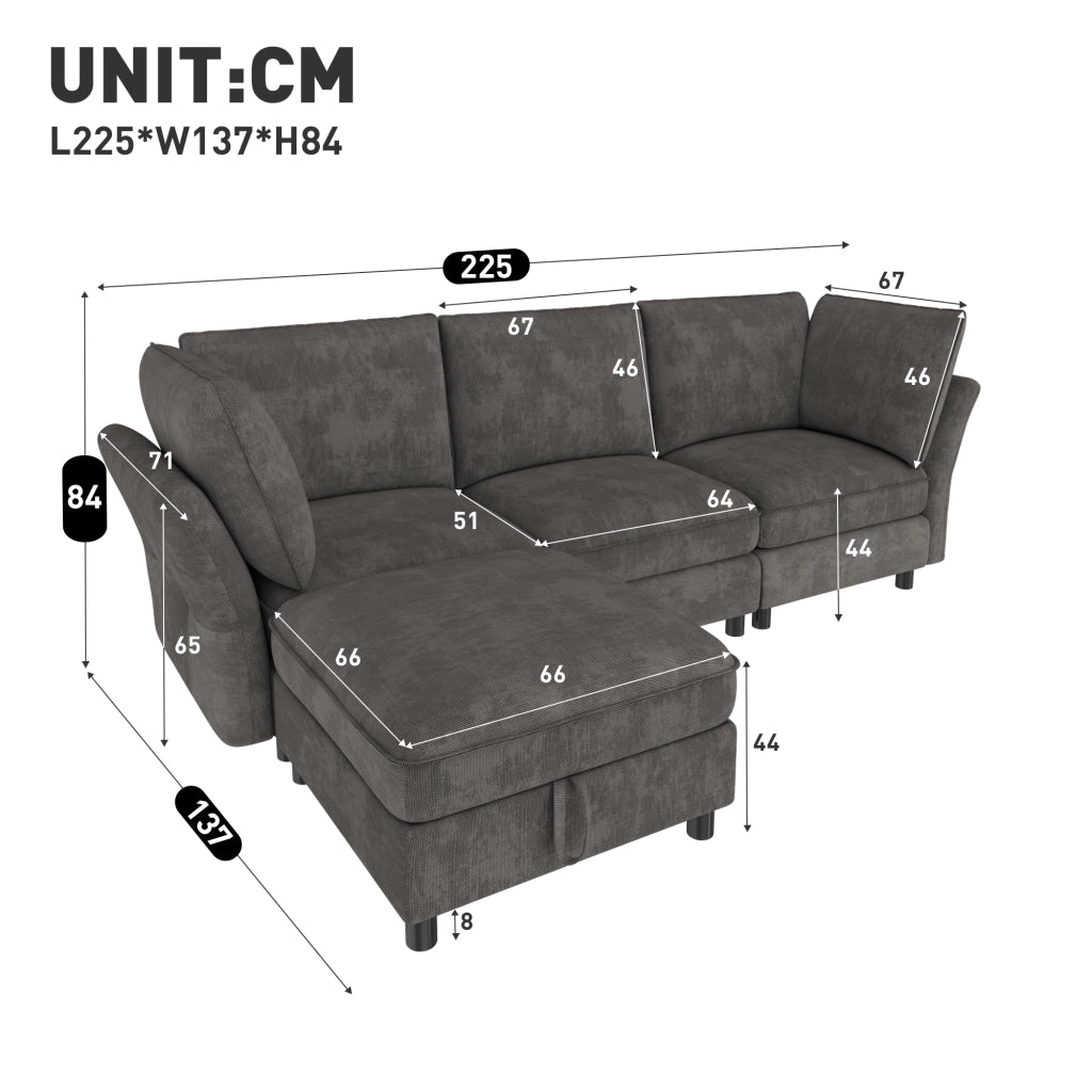 Divano modulare angolare 4 posti - con pouf contenitore e cuscini - in chenille grigio