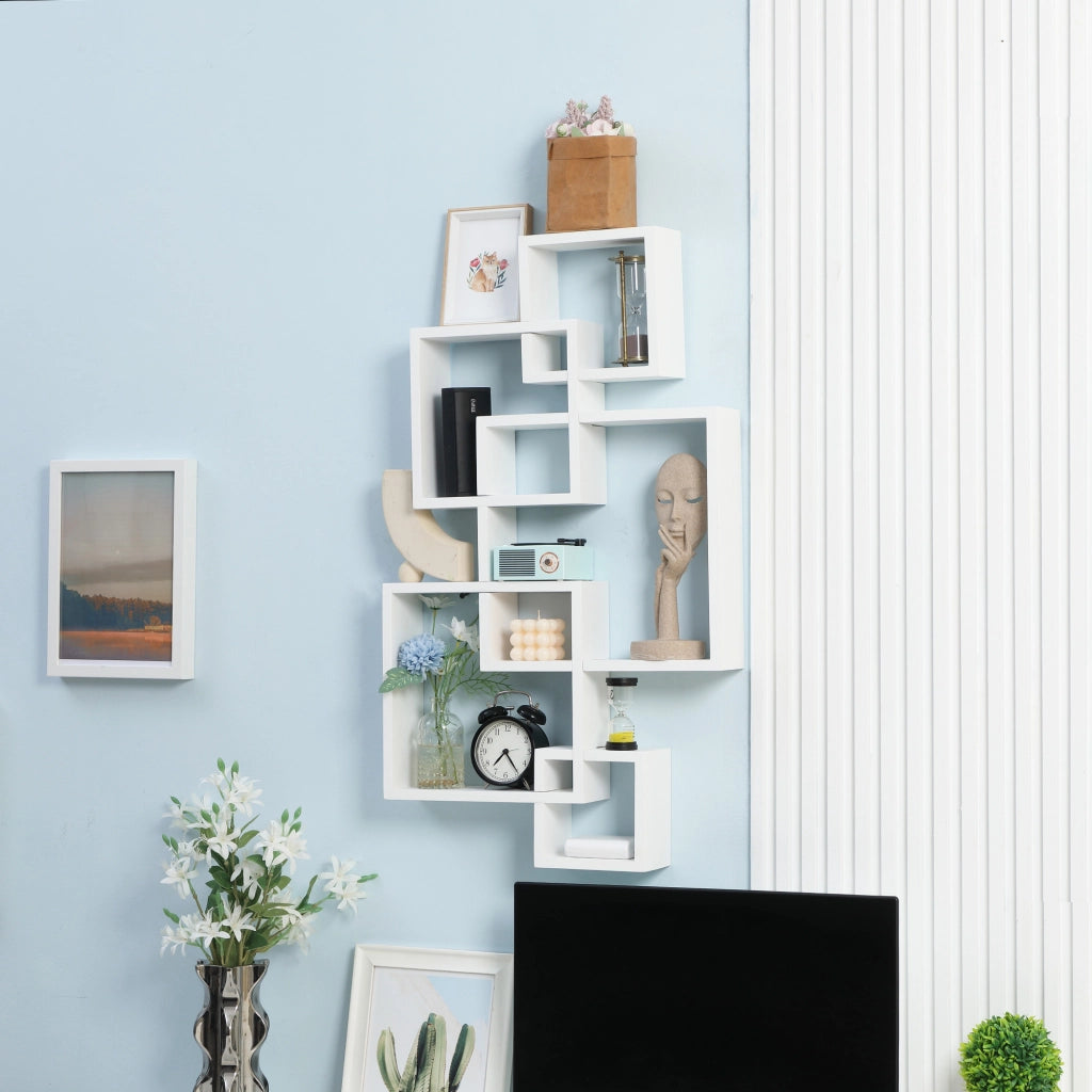 Libreria Moderna Sospesa con 5 Cubi Intrecciati ¨C Zephmum ¨C Bianco Legno 49.5x10.2x86cm