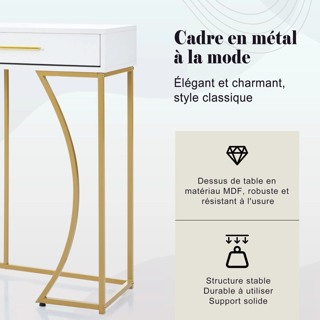 Consolle, tavolino da ingresso con 2 cassetti, tavolino laterale leggero ed elegante, tavolino da divano, 110x32x85 cm, bianco/oro