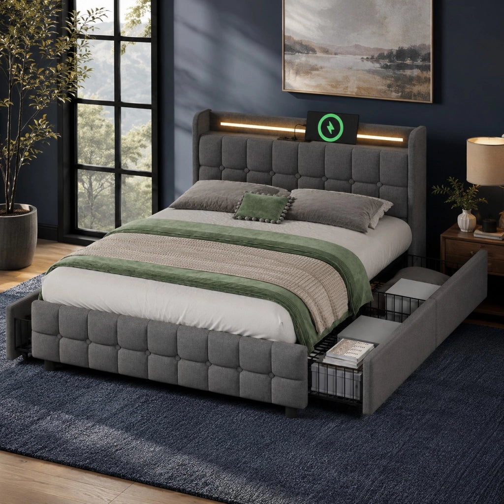 letto imbottito legno grigio 140x200 cm