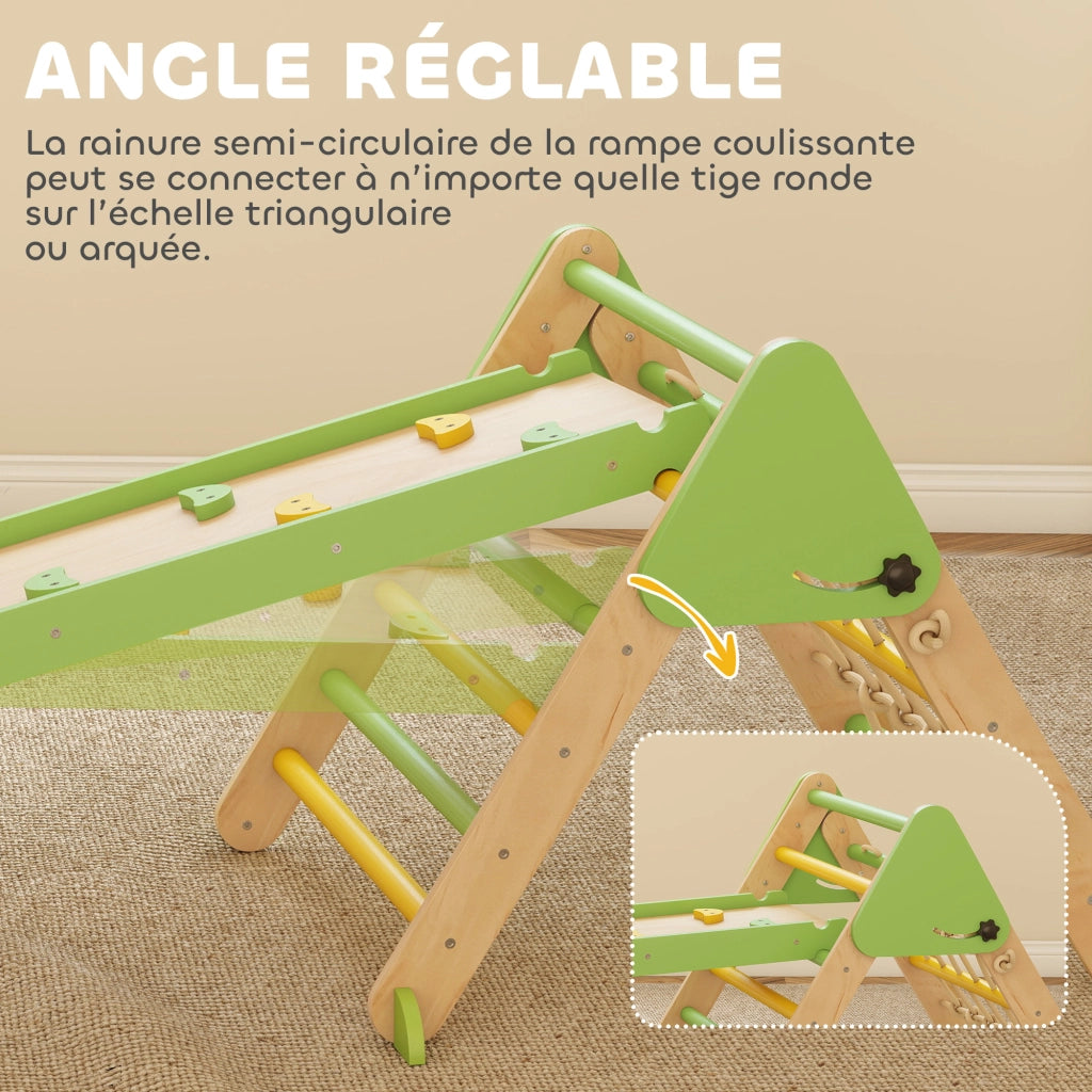 Triangolo da arrampicata 8 in 1 con rampa doppia faccia, arco e scivolo in legno ¨C Xylo ¨C Verde