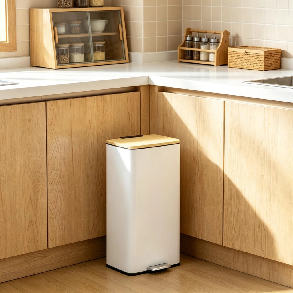 Pattumiera da cucina da 20 litri con pedale, coperchio in bamb¨´ con chiusura ammortizzata, contenitore interno removibile, bianca.