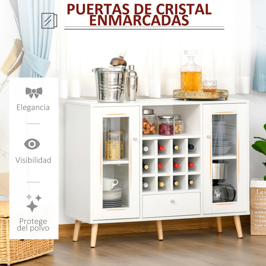 Credenza da cucina con portabottiglie cassetto ripiano e 2 ante in vetro ¨C Xylo ¨C Bianco 100x33x80 cm