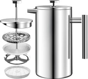 Caffettiera a Pistone in Acciaio Inossidabile 34oz (1.0 Litro) con Sistema di Filtrazione a 3 Livelli - Caffettiera a Doppio Strato con Isolamento Termico e 1 Filtro Extra (Argento)