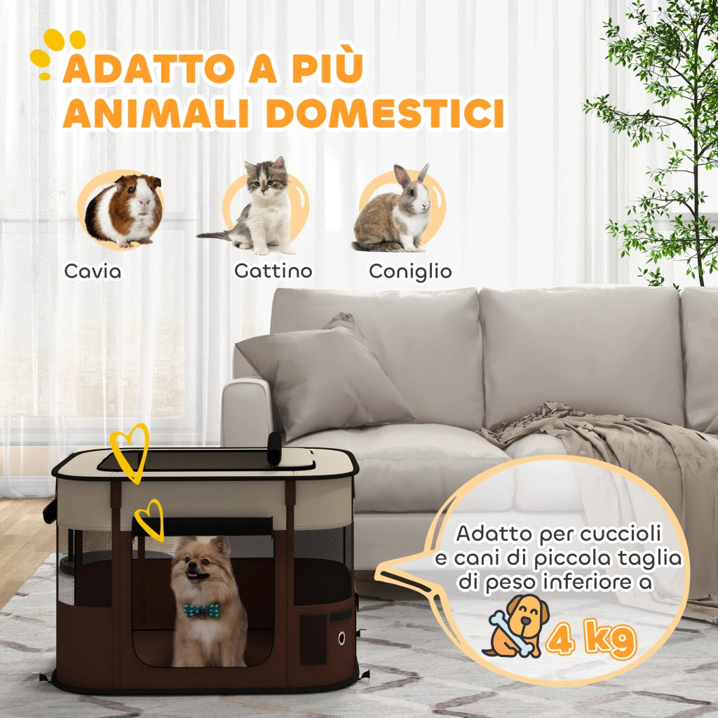 Box per Animali 74x60x45 cm con 6 Finestre 3 Porte e 2 Borse Portaoggetti in Poliestere e Acciaio Marrone